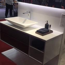 Eviva Lava 46 Inch Walnut Wall Mount Bathroom Vanity with White Solid Surface Vessel Sink Bathroom Vanity Eviva